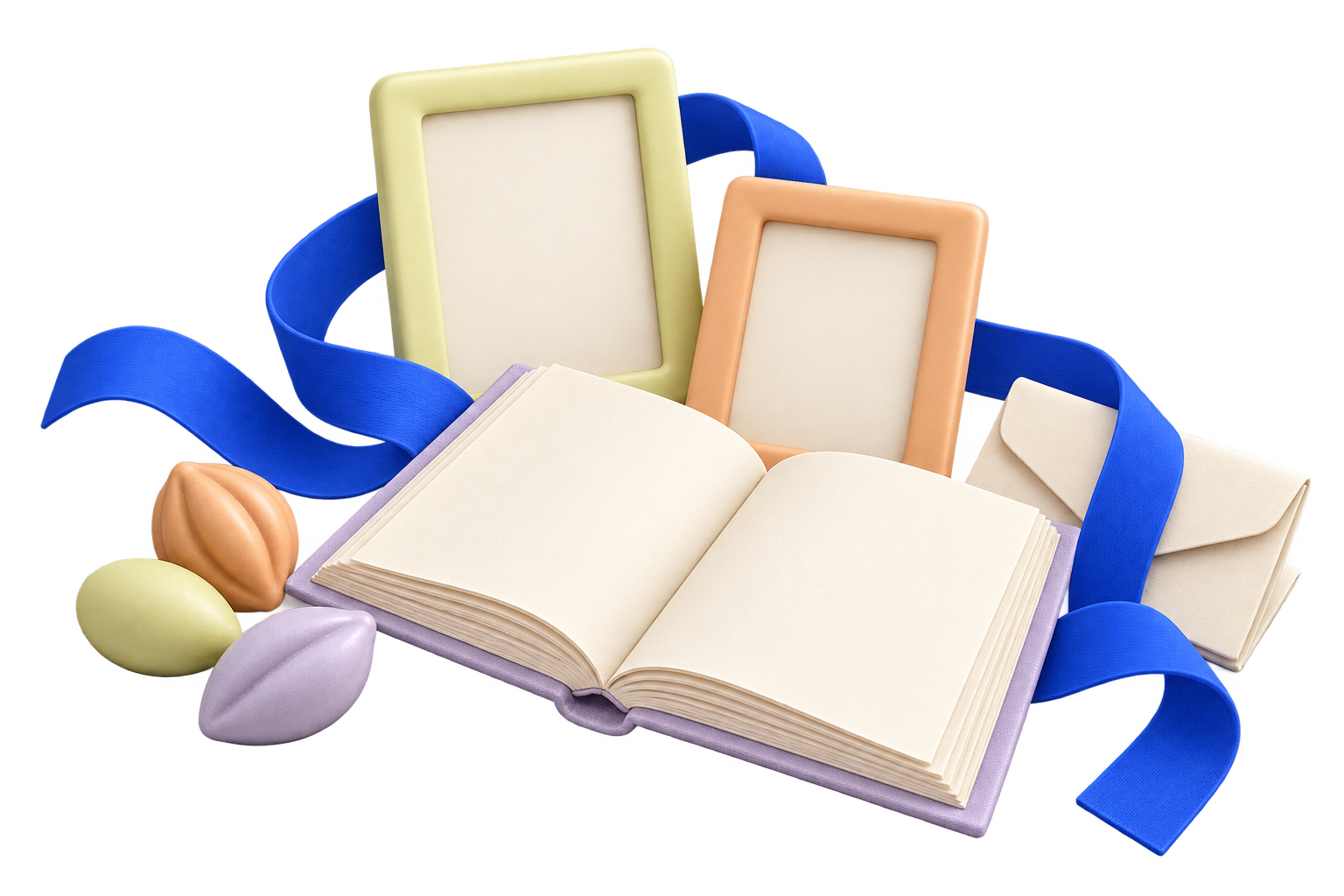 An open keepsake book, photo frames and letters wrapped in a blue ribbon